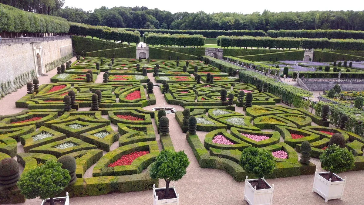 The boxwood kitchen gardens of Villandry seen from above, the half-day stop of a Loire Valley castles tour from Tours